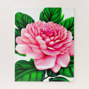 Large Pink Peony with Emerald Green Leaves Jigsaw Puzzle