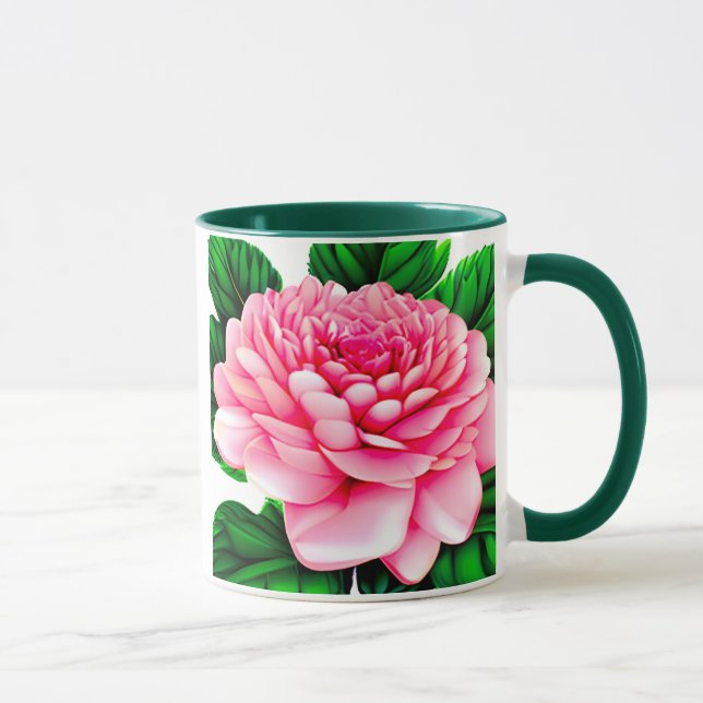Large Pink Peony with Emerald Green Leaves  Mug (Right)