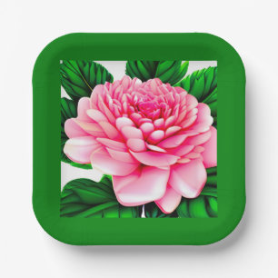 Large Pink Peony with Emerald Green Leaves Paper Plate