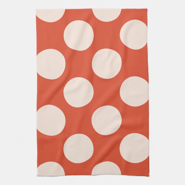 Large pink polka dots circles on red tea towel (Vertical)