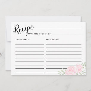 Large Pink Rose Floral Bridal Recipe Card