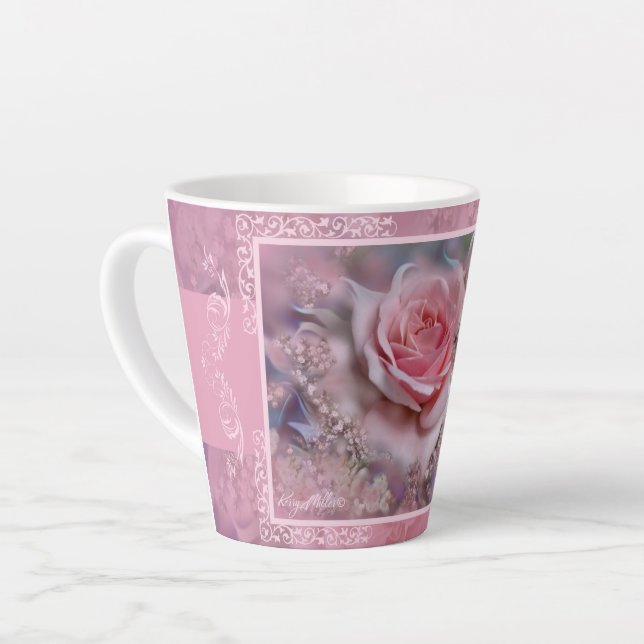 Large Pink Rose Latte Mug (Left Angle)