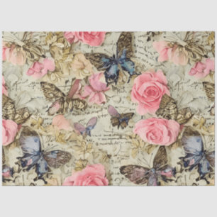 Large Pink Roses & Butterflies Distressed Vintage  Tissue Paper