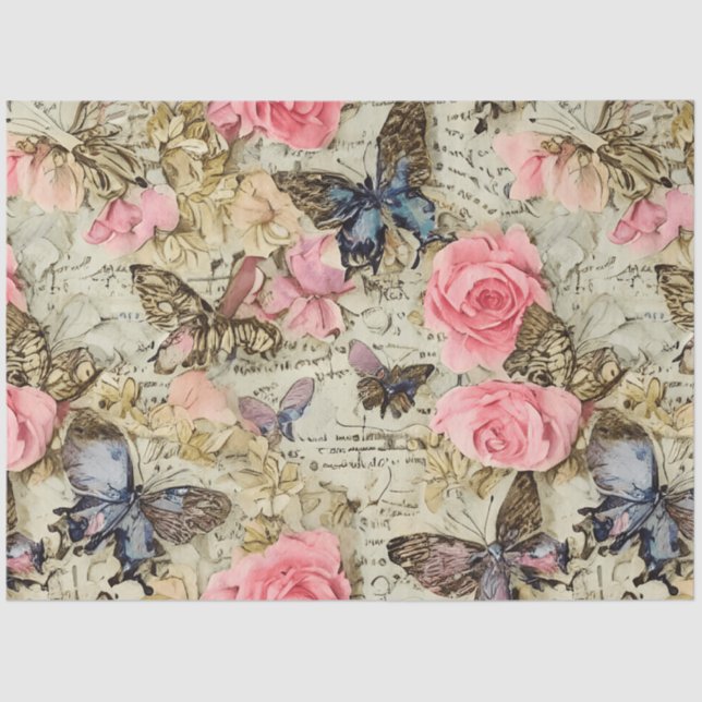 Large Pink Roses & Butterflies Distressed Vintage  Tissue Paper (Front)