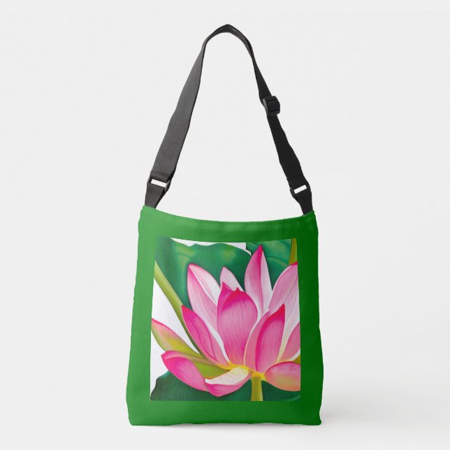 Large Pink Water Lily with Emerald Green Leaves  Crossbody Bag (Front)