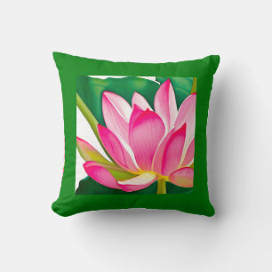 Large Pink Water Lily with Emerald Green Leaves Cushion