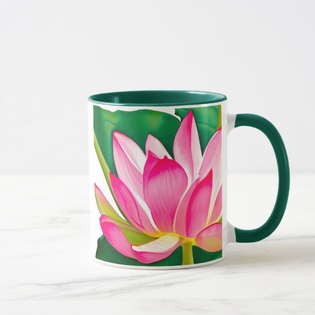 Large Pink Water Lily with Emerald Green Leaves  Mug (Right)