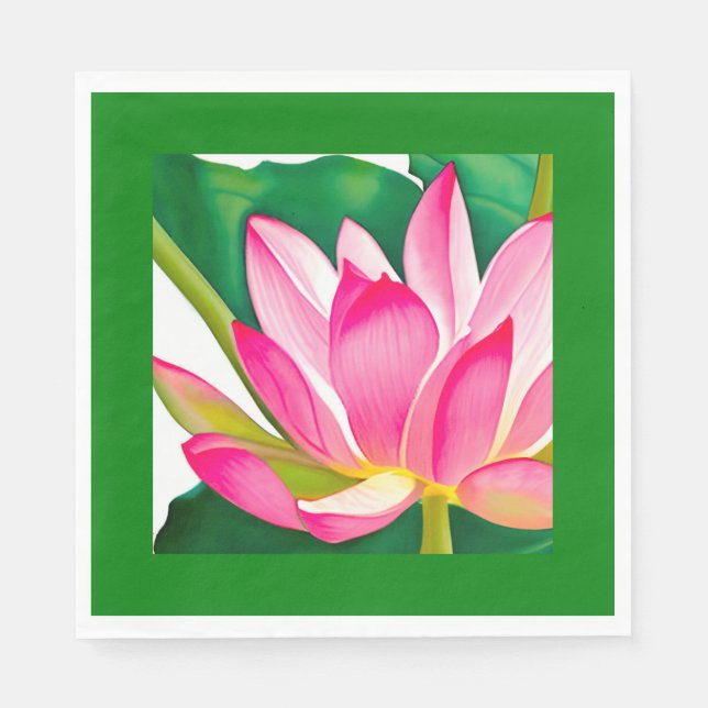 Large Pink Water Lily with Emerald Green Leaves Napkin (Front)