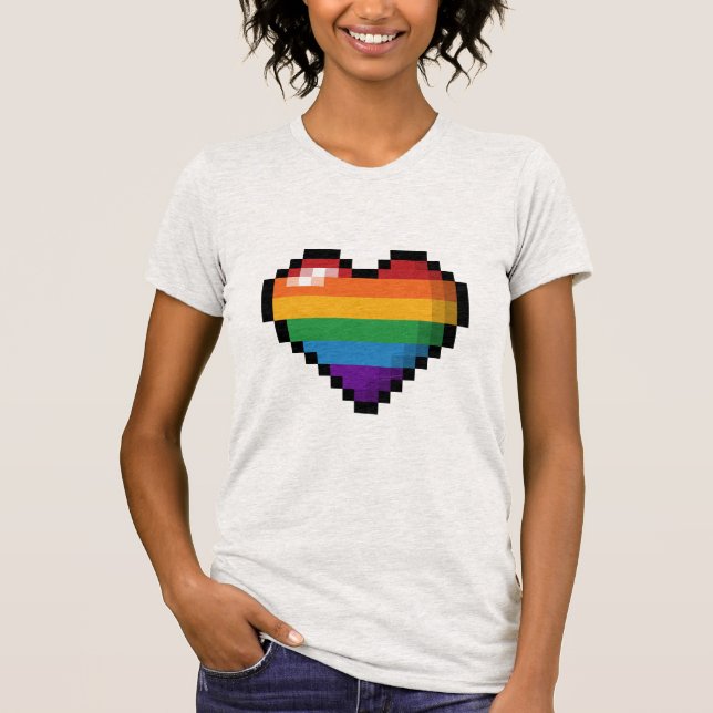 Large Pixel Heart Design in LGBTQ Rainbow Flag T-Shirt (Front)
