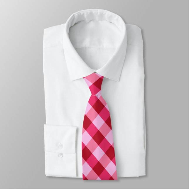 Large Plaid in Strawberry Pink and Red Tie (Tied)