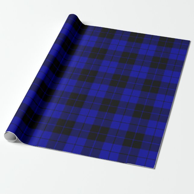 Large Plaid Pattern Black and Blue Wrapping Paper (Unrolled)