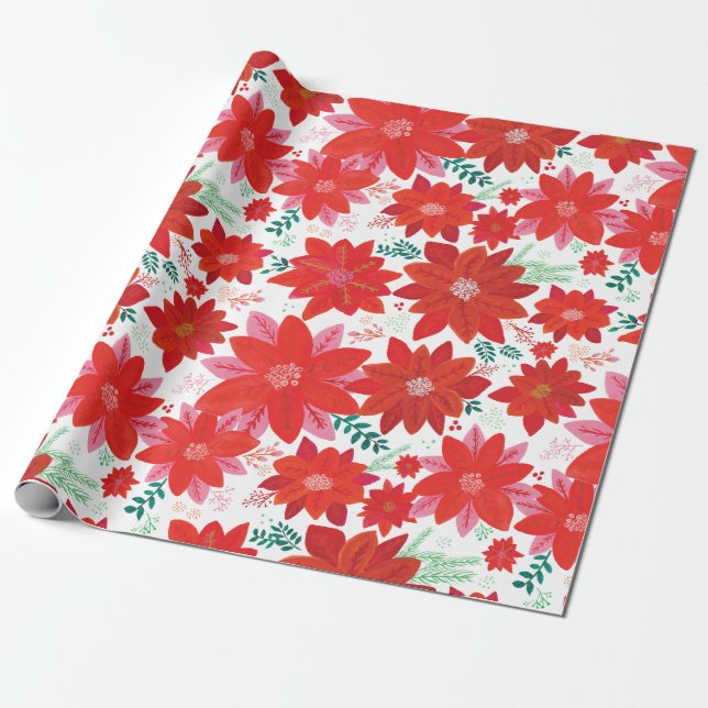 Large Poinsettia Pattern Christmas Wrapping Paper (Unrolled)