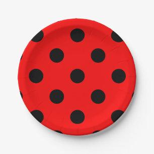 Large Polka Dots - Black on Red Paper Plate