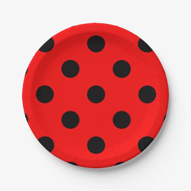 Large Polka Dots - Black on Red Paper Plate (Front)