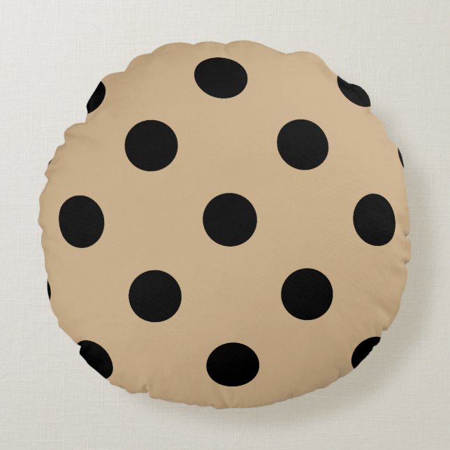 Large Polka Dots - Black on Tan Round Cushion (Front)