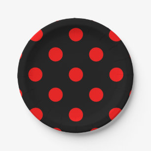 Large Polka Dots - Red on Black Paper Plate