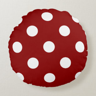Large Polka Dots - White on Dark Red Round Cushion