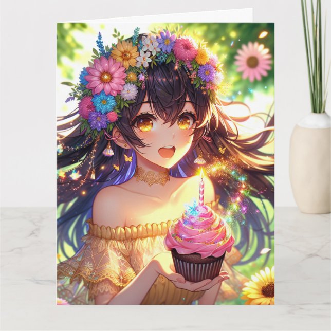 Large Pretty Anime Girl Personalised Birthday  Card (Front)