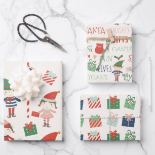 Large Print Santas Elves Pattern Christmas Wrapping Paper Sheet