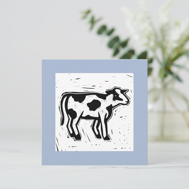 Large Printmaking Black and White Cow Print Blue Card (Standing Front)
