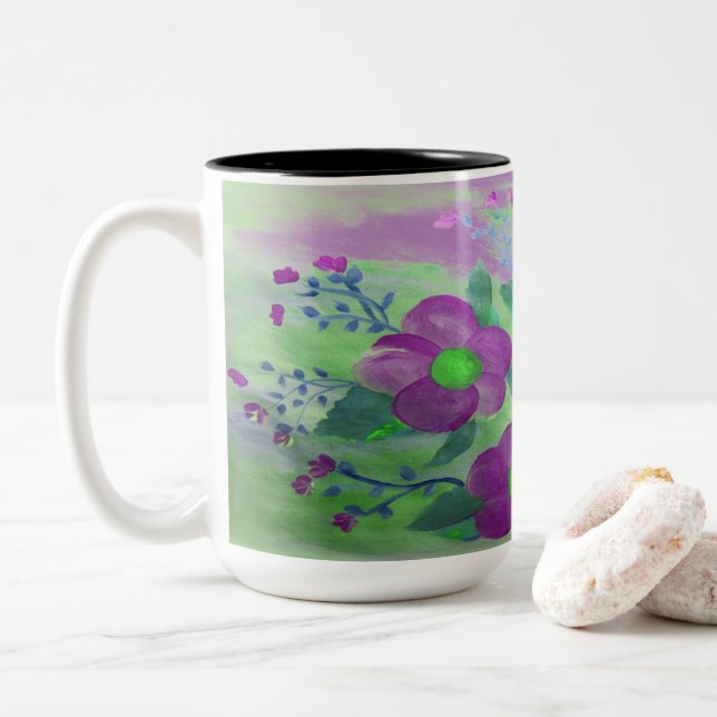 Large Purple and Lime Green Flowered Mug (With Donut)