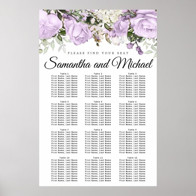 Large Purple Floral 12-Table Wedding Seating Chart (Front)
