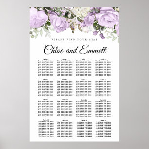 Large Purple Floral 16-Table Wedding Seating Chart