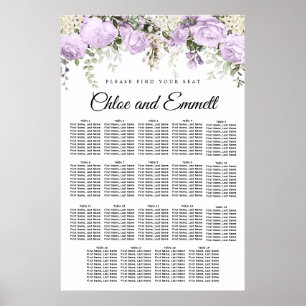 Large Purple Floral 19-Table Wedding Seating Chart