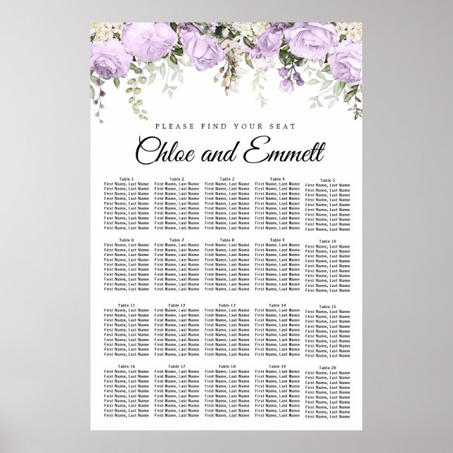 Large Purple Floral 20-Table Wedding Poster (Front)