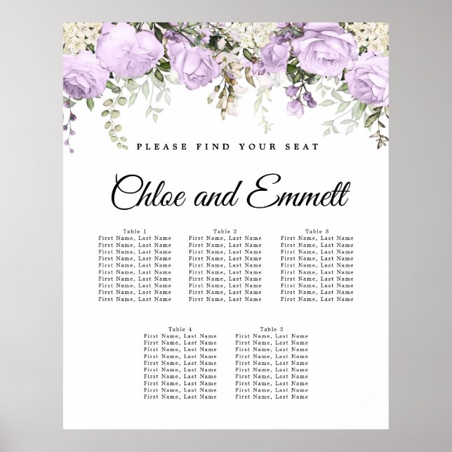 Large Purple Floral 5-Table Wedding Poster (Front)