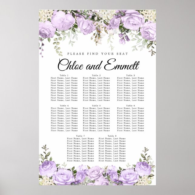 Large Purple Floral 8-Table Wedding Seating Chart (Front)