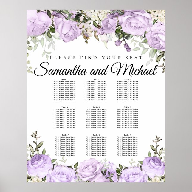 Large Purple Floral 9-Table Wedding Seating Chart (Front)