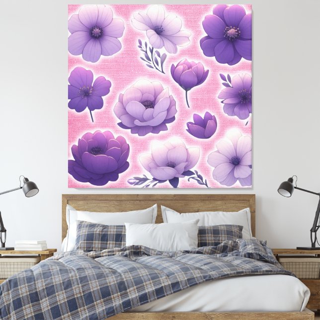 Large Purple Floral Canvas Wall Art – Aesthetic  (Insitu(Bedroom))