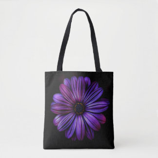 Large Purple Flower on Black Tote Bag