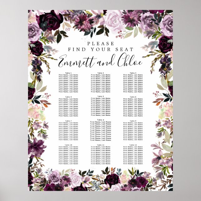 Large Purple Pink Floral 12-Table Seating Chart (Front)
