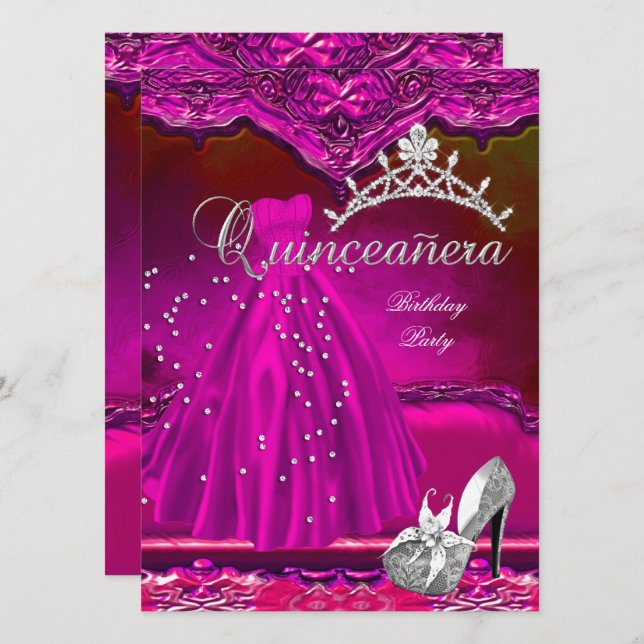 Large Quinceanera 15th Birthday Pink Dress Invitation (Front/Back)