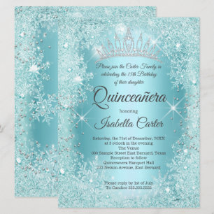 Large Quinceanera Teal Snowflake Winter Wonderland Invitation