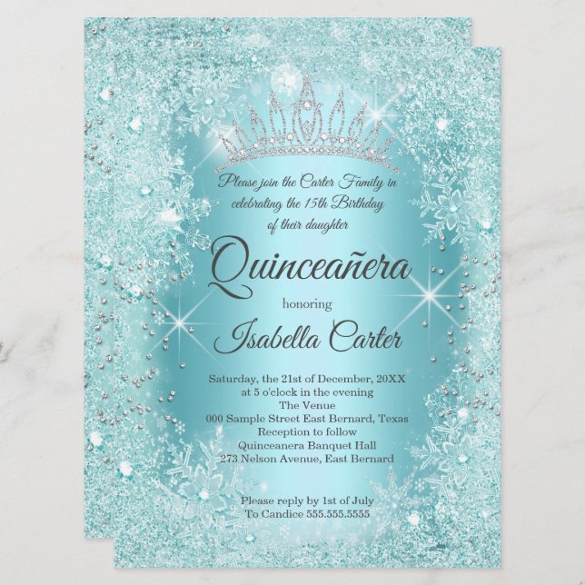 Large Quinceanera Teal Snowflake Winter Wonderland Invitation (Front/Back)