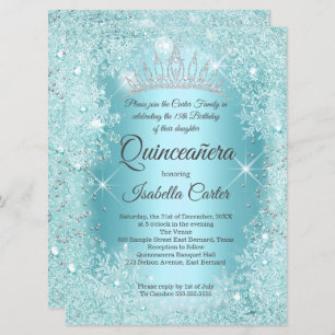 Large Quinceanera Teal Snowflake Winter Wonderland Invitation