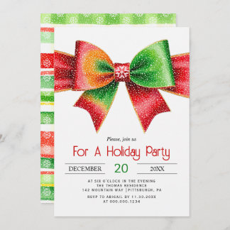 Large red and green bow christmas holiday party invitation