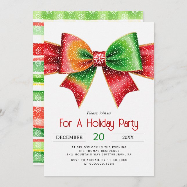Large red and green bow christmas holiday party invitation (Front/Back)
