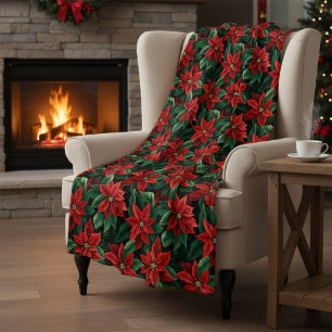 Large Red and Green Poinsettias Digital Art Fleece Blanket