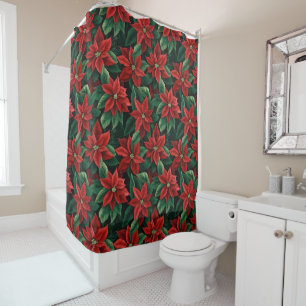 Large Red and Green Poinsettias Digital Art Shower Curtain