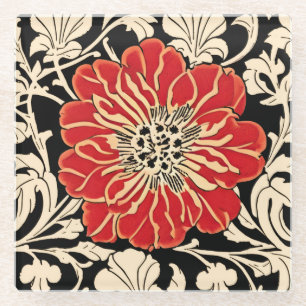 Large Red Art Nouveau Flower Glass Coaster
