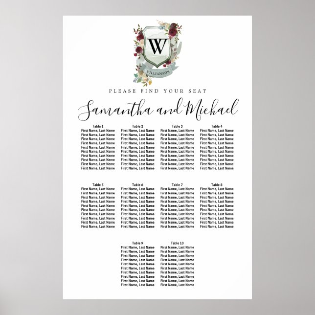 Large Red Floral Crest 10-Table Seating Chart (Front)