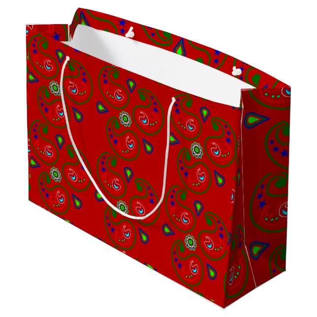 Large Red Glossy Christmas Paisley Gift Bag (Back Angled)