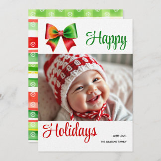 Large red, green bow and stripes Christmas photo Holiday Card