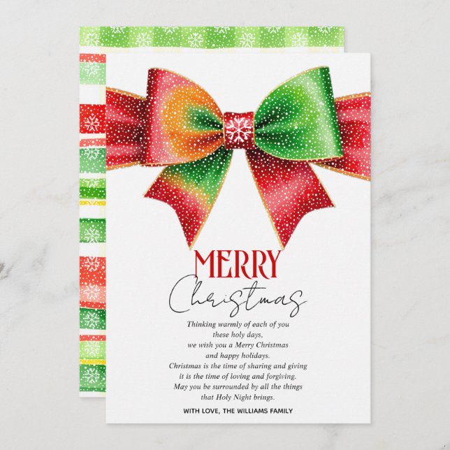 Large red, green bow, snowflakes Merry Christmas  Holiday Card (Front/Back)