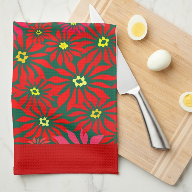 Large Red Poinsettia Flowers on Green Red Borders Tea Towel (Quarter Fold)