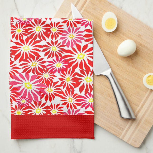 Large Red Poinsettia Retro Floral Pattern Kitchen  Tea Towel (Quarter Fold)